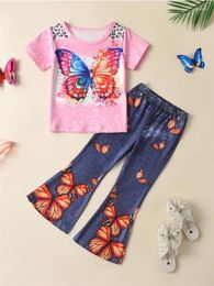 Clothing Sets 2pcs Girls Butterfly Graphic Outfits Short Sleeve T-shirt Imitation Denim Print Pants Set For Spring Summer Party