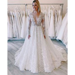 Sexy White Deep V Neck A Line Lace Applique Sequins Long Sleeves Castle Dresses Pleats Custom Made Bridal Wedding Gowns P67 0510