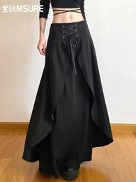 Skirts IAMSURE Dark Academia Aesthetic Bandage Split A-Line Skirt Gothic Slim Mid-Waisted Maxi Women 2024 Fashion Ladies