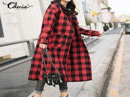 Celmia Hoodies Long Coat Casual Women Sleeve Red Plaid Checked Hoody Overcoat 2021 Autumn Fashion Buttons Jackets Outwear Women09623521