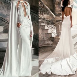 Elegant New Fashion Mermaid Wedding Dresses 2022 With Wrap High Quality Satin Halter Sweep Train Garden Custom Made Bridal Gowns 2990