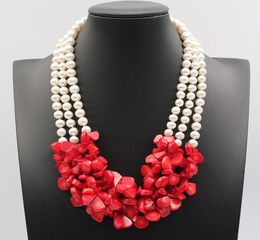 GuaiGuai Jewelry 3 Strands Natural White Potato Round Pearl Red Coral Necklace Handmade Ethnic style For Women8625517