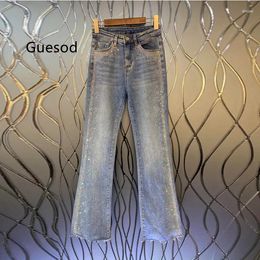 Women's Jeans Women 2024 Spring Female Water Wash Diamond Fleece Flare Pants Denim All Match Slim