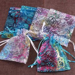 3Pcs Gift Wrap 25/50/100pcs/lot Organza Gift Bag Jewelry Packaging Drawstring Bag Multi-size Colorful Trees Printing Party Wedding Candy Bag