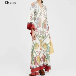 Casual Dresses Fashion Stand Collar Party Dress Elegant Spring Print Loose Robe 2024 Women 3/4 Sleeve Bow Tie-up Hollow Back Maxi