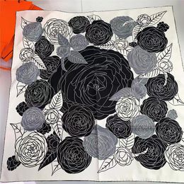 Manual Hand Rolled Twill Silk Scarf Women new spring and summer style women's square scarf with hand-painted sketch black and white roses and sun protection shawl