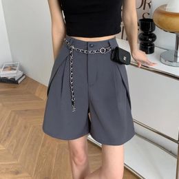 Women's Shorts Grey Straight Women Summer Fashion Elastic High Waist Wide Leg Pant Female Casual Pocket Silm Fit Knee Length