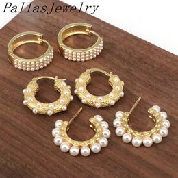 5Pairs Retro 18K Gold Plated Brass Circle Ear Buckle Earrings Jewelry Heart Exquisite Elegant Pearl Inlaid Huggie Hoop Earrings 240510