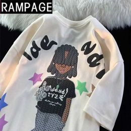 Women's T-Shirt American Creative Hand-painted Anime T Shirts Cool Mens Hip Hop Brand Oversized Short Slve Grunge Tops Loose Summer Casual T Y240509
