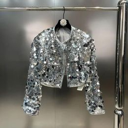 Women's Jackets Fashion Sequins Designer Coat 2024 Autumn Round Neck Long Sleeves Shiny Heavy Industry Jacket Female Trend 11XX6444