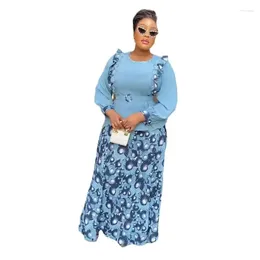 Ethnic Clothing 2024 2 Piece African Clothes For Women Summer Elegant Long Sleeve Print Top Skirt Matching Sets Outfits Dashiki Africa