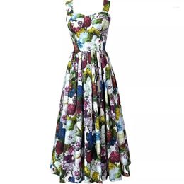 Casual Dresses Summer Holiday Beach Spaghetti Strap Dress Women's Sleeveless Padded Cup Flower Print Zipper Elastic Backless Midi Vestidos