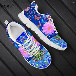 Casual Shoes FORUDESIGN 2024 White Sole Flat For Women Retro Blue Mandala Flower Butterfly Pattern Spring Summer Light Tenis Sneakers