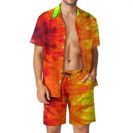 Men's Tracksuits Red Yellow Tie Dye Beach Men Sets Abstract Retro Style Casual Shirt Set Summer Design Shorts 2 Piece Streetwear Suit Large