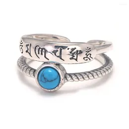 Cluster Rings 925 Sterling Silver Mantra For Women Double Layers With Natural Turquoise Tibetan Six Characters Buddhist Jewelry