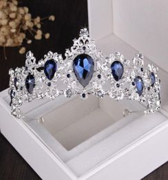 Luxury Silver Baroque Plated Blue Crystal Bridal Sets Necklace Earring Tiara Crown Wedding African Beads Jewelry Set 92QQ1770931