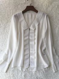 Women's Blouses Spring 2024 Women White Or Black Pleated Ruffles Shirt Ladies Silk Zipper Elegant Long Flared Sleeve Blouse Top