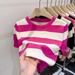 Women's T Shirts Summer Fashion Simple Versatile Striped Short Sleeved T-shirt Colour Block Round Neck Patchwork French Loose Knit Top