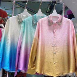 Women's Blouses Spring Stars Diamonds Gradual Colour Faux Silk Drilling Shirts Glossy Satin Rhinestones Cardigan Blusas Crop Tops