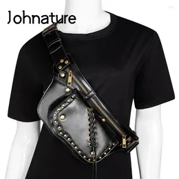 Waist Bags Johnature Steampunk Women Bag 2024 Mobile Phone Small Shoulder Fashion Rivet Moto & Biker Outdoor Messenger