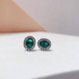 Stud Earrings (2Ct Total)1.0Ct Each Oval Cut Lab Emerald 18K White Gold AU750 Earring Female Jewelry E073