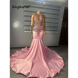 Shiny Pink Crystal Mermaid Prom For Black Girl Veet Beading Rhinestones Diamonds Birthday Party Dress special Gowns