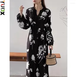 Casual Dresses YUDX Miyake Pleated Print Elegant Dress Evening Party Loose Full Sleeve Chic Style Belt Spring 2024 Medium Long Clothing
