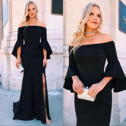 Elegant Black Mermaid Evening Off Shoulder Side Split Poet Sleeves Floor Length Formal Dress Prom Party Dresses Robe Vestidos 23 0510