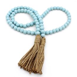 Decorative Figurines Wood Beads Garland With Tassels Farmhouse Rustic Wooden Prayer Bead String Wall Hanging Accent For Home Decor. Teal