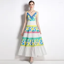 Casual Dresses Holiday Flower Print Spaghetti Straps Summer Indie Folk Bohemian Dress Women Sexy V Neck Lace Stitching Maxi Beach