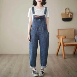 Kvinnors jumpsuits Rompers denim Jumpsuits Casual Harem Pants Korean Style Fashion Jeans One Piece Outfits Women Clothing Loose Golid Vintage Blue Rompers Y240510