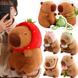 Strawberry Hat Capybara Plush Toy Simulation Turtle Backpack Capibara Stuffed Animals Papa Hand Circle Ring Small size Pendant 240510