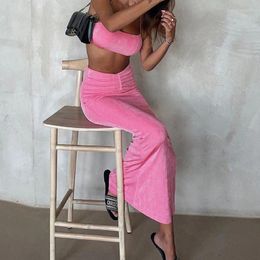 Work Dresses Evening Femme Wrinkled Tracksuit Autumn Fitness Party Sets Crop Top Midi Skirts Pink 2024 Outfits Women Two Piece Set