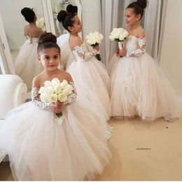 Illusion Puffy Lace Lovely Flower Girl Dresses For Weddings Graduation Gowns Long Sleeve Children Birthday Communion Gown Z93 0510