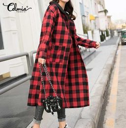 Celmia Hoodies Long Coat Casual Women Sleeve Red Plaid Checked Hoody Overcoat 2021 Autumn Fashion Buttons Jackets Outwear Women09072466