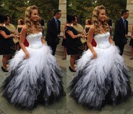 Sweet Sixteen Quinceanera White plus black Tulle Dresses Plus Size Crystals Sweetheart Masquerade Ball Gowns Tiered Ruffles Sweep 1709107