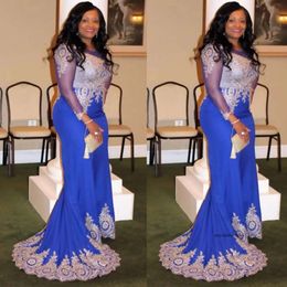 Royal Blue Mermaid Long Prom Gold Applique Full Sleeve Evening Dresses Beading Mesh Back Vestidos De Party Gowns P35 0510