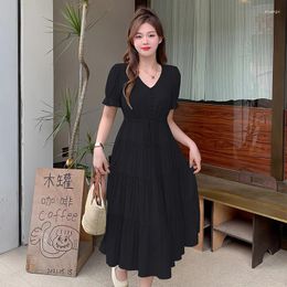 Party Dresses Women Long Summer Female V Neck Short Sleeve Large Size Elegant A Line Black White Green Bandage Pleated Buttons Vestido