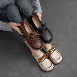 Casual Shoes GKTINOO Genuine Leather Flats Women Spring/Autumn 2024 Lace-Up Handmade Soft Retro Comfortable Concise Ladies