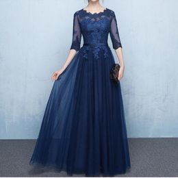 Elegant Navy Blue Mother of the Bride Dresses Half Sleeves Sheer with Applique Lace-up Back Floor Length Party Dress Royal Blue Burgun 2655