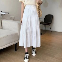 Spring Summer Women Chiffon Skirts Vintage High Waist Elastic Patchwork White Black Chic Long Cake Aline Skirt for Student 240508