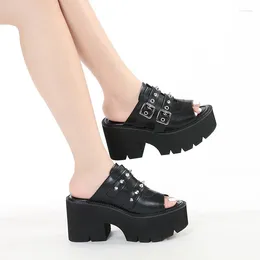 Slippers More Comfortable Wedges Sandals For Women With Chain Black Summer Mule Shoes Platform Heels Open Toe Fashion Punk Style