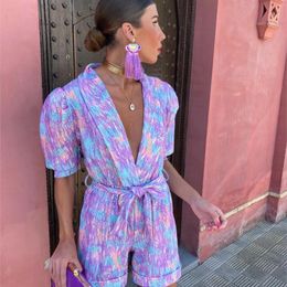 Jumpsuit Women Sexy V Neck Short Sleeve Print Belt Elastic Waist Pocket Shorts Jumpsuits Summer Outfits Bodysuit 240423