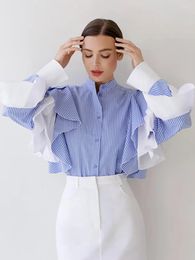 Women's Blouses French Striped Design With Ruffle Edge Shirt Long Sleeved Versatile Elegant And Clothing