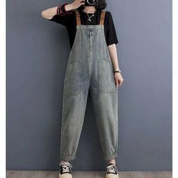 Women's Jumpsuits Rompers Denim Jumpsuits Women Solid Design Korean Style Overalls One Piece Outfit Women Rompers Casual Vintage Playsuits Straight Pants Y240510