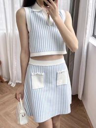 Skirts Women Blue Striped Set Turn-down Collar Sleeveless Vest Or A-Line Elastic Waist Mini Skirt