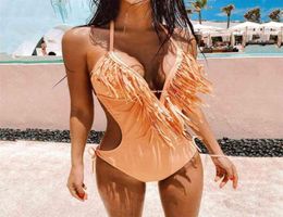 Deep Plunge V Neck Fringe Cut Out Swimsuit Trikini Women Sexy Halter Backless Tassel Swimwear Bath Suit Monokini 2107126890177