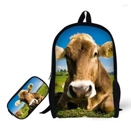 Backpack Cow Design Print 2 Set School Bag And Pencil Case Primary Student Book Apply For A4 Size Books