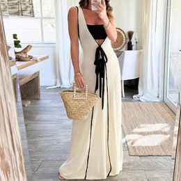 Casual Dresses Elegant Deep V-neck Waist Long Dress Women Fashion Patchwork Lace-up Solid Maxi 2024 Summer Sleeveless Party