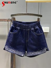 Women's Jeans Dark Blue Elastic Waist Short 2024 Women's Denim Shorts Summer Rhinestone Slimming Slit A- Line Wide Leg Pants